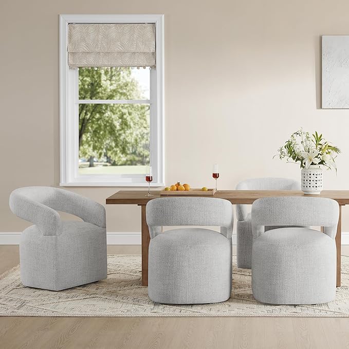 Upholstered Dining Chairs with Casters, Modern Barrel Side Armchair with Rollers for Dining Room, Bedroom, Kitchen, Reading Room, Light Gary, Set of 2