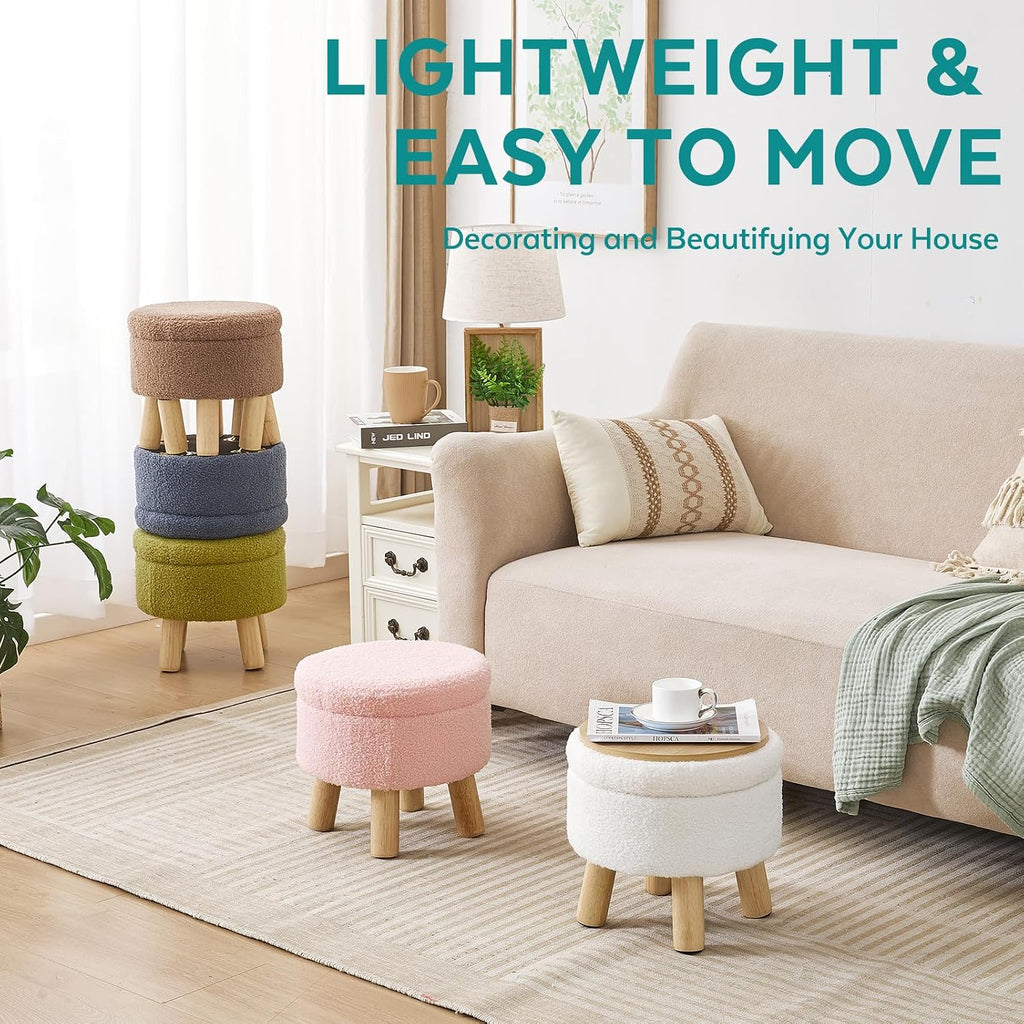 Small Ottoman with Storage, Small Storage Ottoman Round, Sherpa Foot Stool with Legs, Ottomans and Footstools for Living Room and Entryway (White)