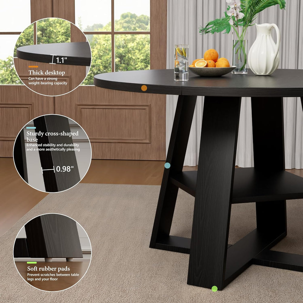 43 inch Round Dining Table for 4-6, Dining Table with Storage Shelf, Wood Gra...