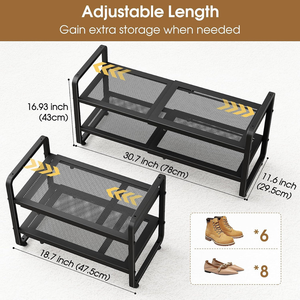 SAYZH Expandable Shoe Rack for Closet, Adjustable Metal Shoe Organizer with Sturdy Mesh Shelves for Boots & Heels, Stackable Shoe Storage for Entryway, Garage, Small Spaces (Black, 2-Tier)