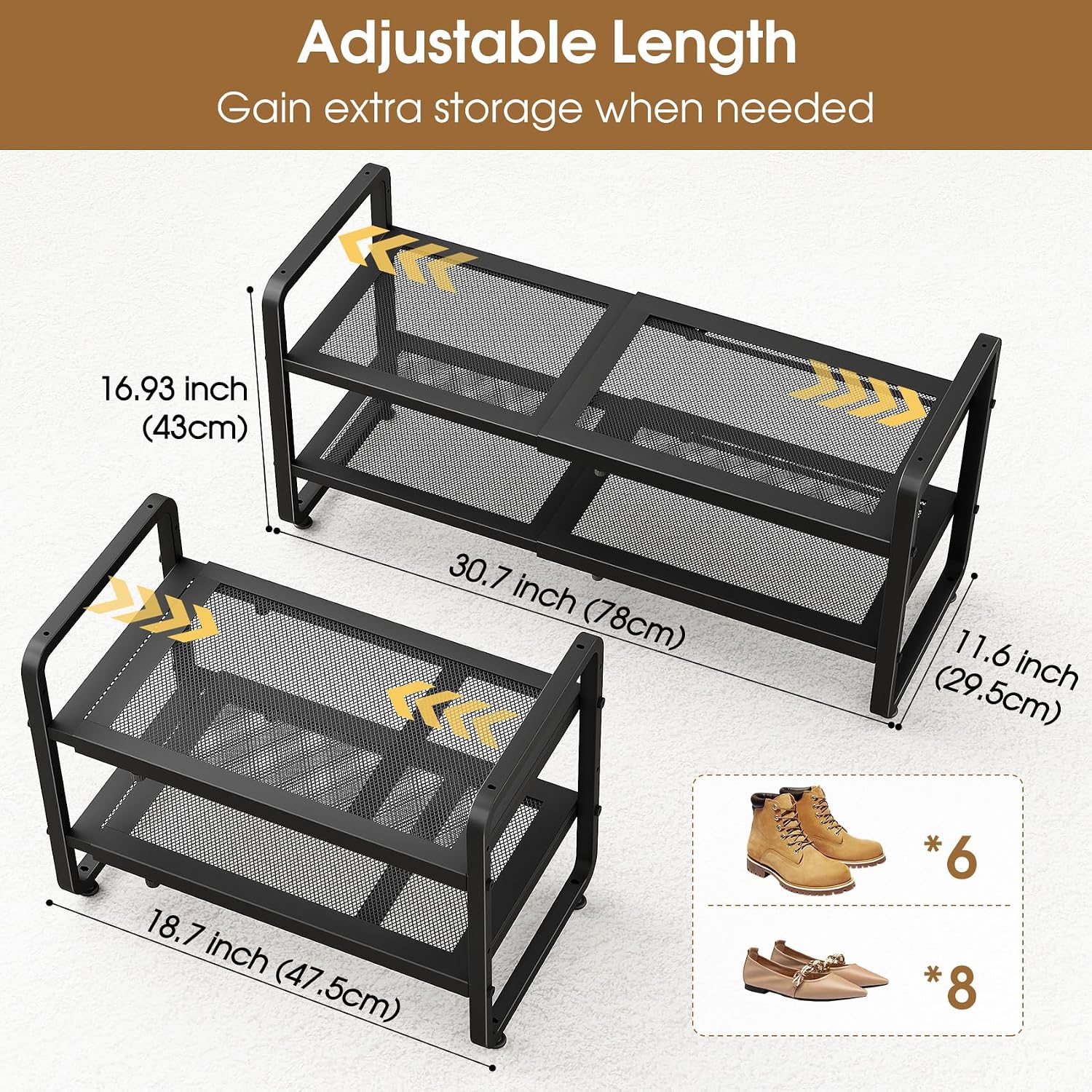 SAYZH Expandable Shoe Rack for Closet, Adjustable Metal Shoe Organizer with Sturdy Mesh Shelves for Boots & Heels, Stackable Shoe Storage for Entryway, Garage, Small Spaces (Black, 2-Tier)