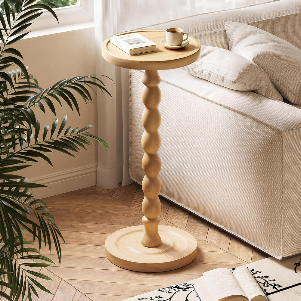 Round Side Table, Small End Table for Small Spaces with Solid Wood Leg, Accen...