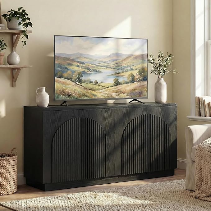 Yechen Fluted Black TV Stand with Arched Reeded Design Doors, Modern Entertainment Center with Storage for Up to 65 Inch, TV Media Console, TV Cabinet for Living Room, Bedroom(1 PCS)