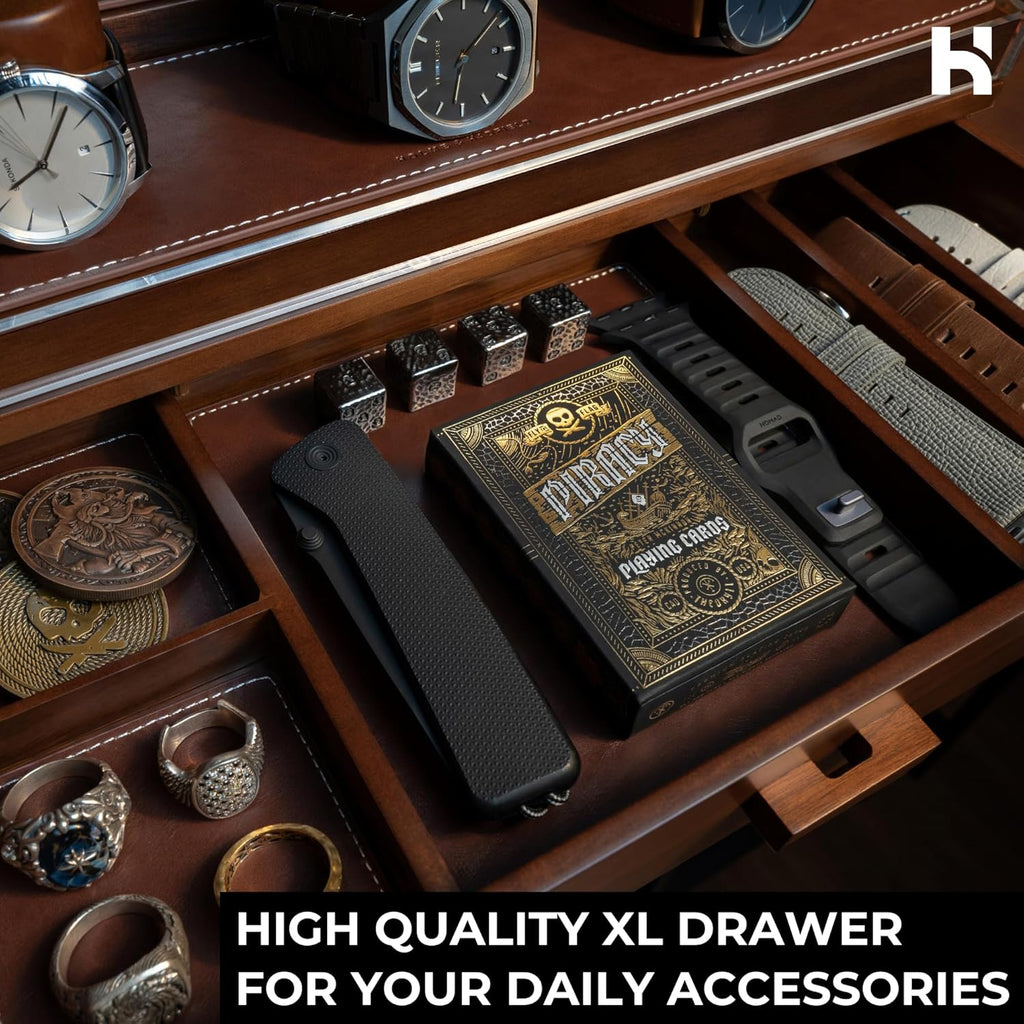 Premium 7 Slot Watch Box for Men - Large Wooden Watch Display Case with Hinged Cover, Leather Lining & Drawer - Watch Holder Organizer Stand - Handcrafted Luxury Christmas Gift for Men