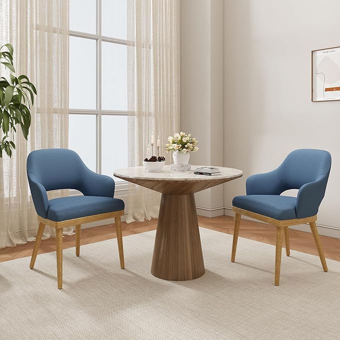 Wooden Dining Chairs Set of 2, Modern Fabric Upholstered Dining Room Chair, Kitchen Side Chairs, Farmhouse Dinner Chair with Open Back for Kitchen, Blue