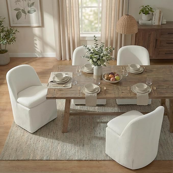 Upholstered Dining Chairs with Casters, Washable Cover Modern Dining Room Cha...
