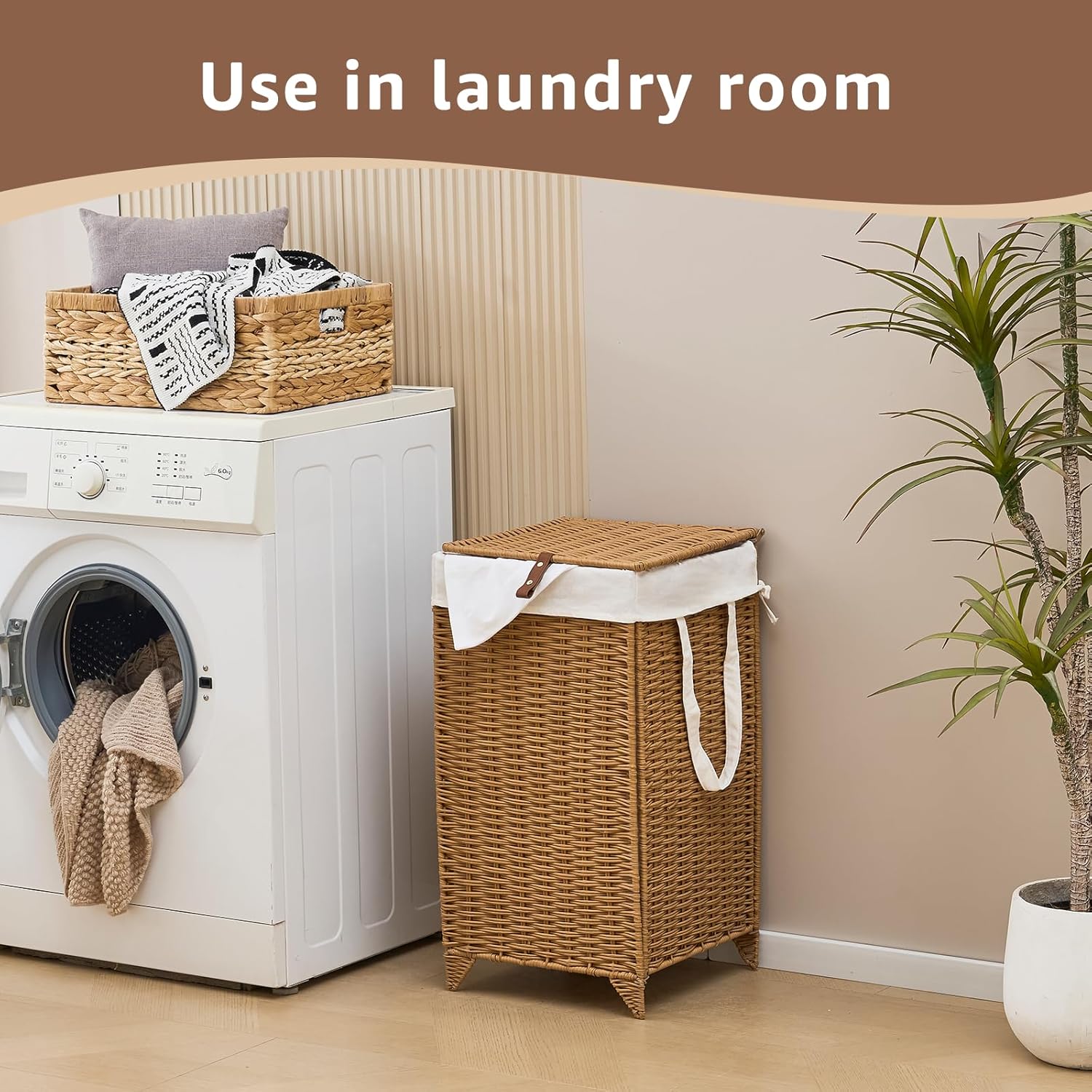 Laundry Hamper with Lid and Removable Liner Bag, Handwoven Rattan Clothes Hamper with Heightened Feet, Wicker Laundry Basket for Clothes and Towels，Small