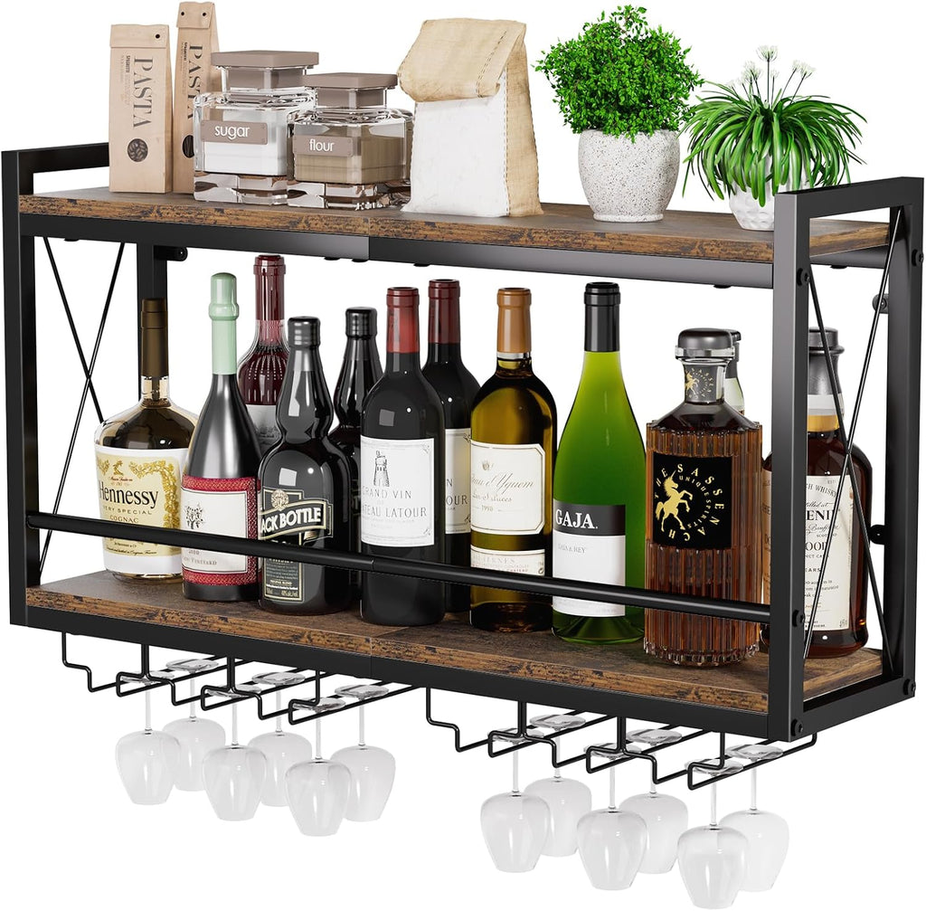 Shikha LED Wall Mounted Wine Rack with Glass Holder for Home Bar Kitchen | 31.4 Inch Retro Hanging Wine Display Shelf with RGB LED Lights, Stemware Holder, 2 Tier Wood-Metal Wine Bottle Storage Rack