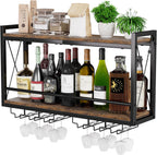 Shikha LED Wall Mounted Wine Rack with Glass Holder for Home Bar Kitchen | 31.4 Inch Retro Hanging Wine Display Shelf with RGB LED Lights, Stemware Holder, 2 Tier Wood-Metal Wine Bottle Storage Rack