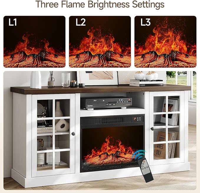 ONBRILL 59 Inch Fireplace TV Stand, Entertainment Center with 23 Inch Electric Fireplace, TV Table for TVs up to 65 Inches, Media Console Cabinet with Storage and Glass Doors for Living Room, White