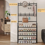 Coat Rack Shoe Rack With Storage Shelf Freestanding with 8 Hooks for Entryway Bedroom Closet 4 Tier, Black