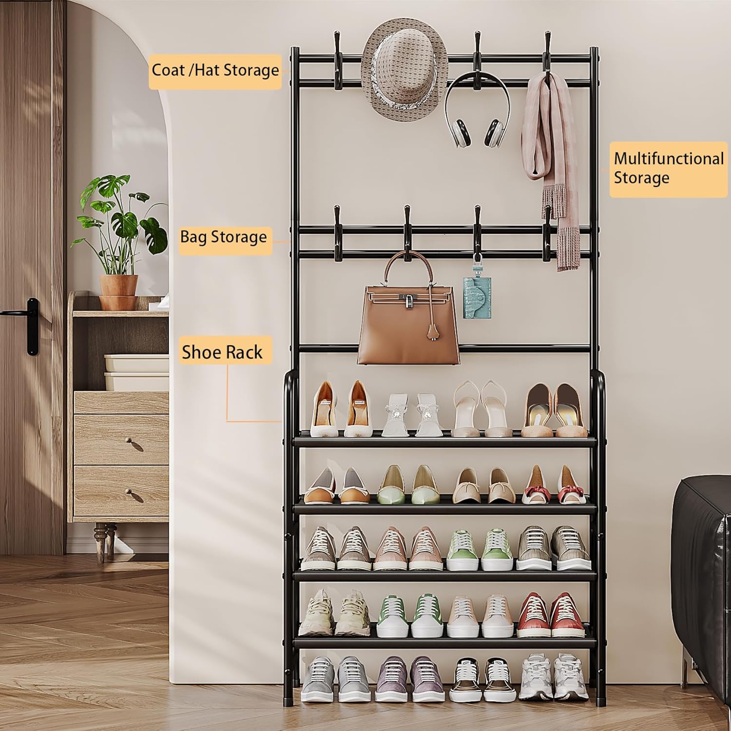 Coat Rack Shoe Rack With Storage Shelf Freestanding with 8 Hooks for Entryway Bedroom Closet 4 Tier, Black