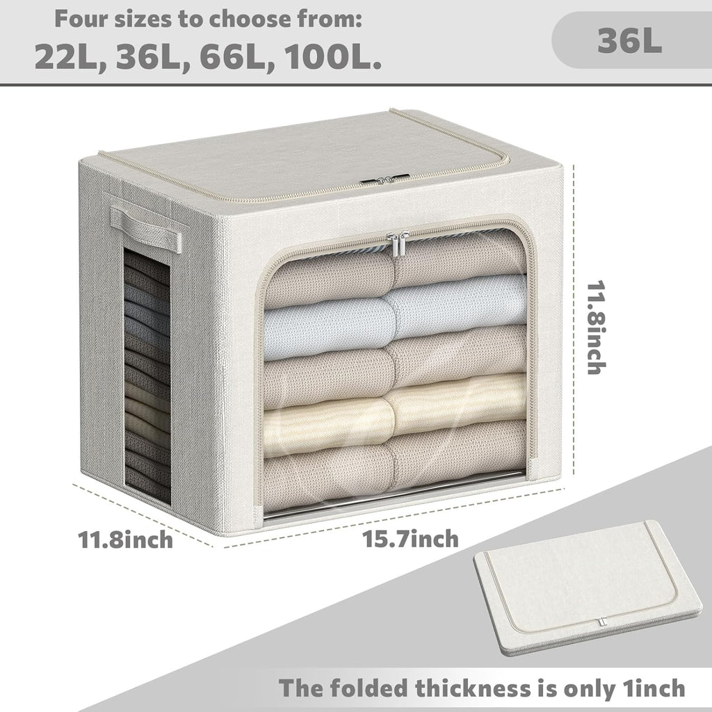 FHSQX 2 Pack Clear Window Storage Bins - Large Stackable Linen Fabric Storage for Clothes Foldable Container Organizer Set with Carrying Handles (Lvory White, 15.7x 11.8x 11.7 Inch)