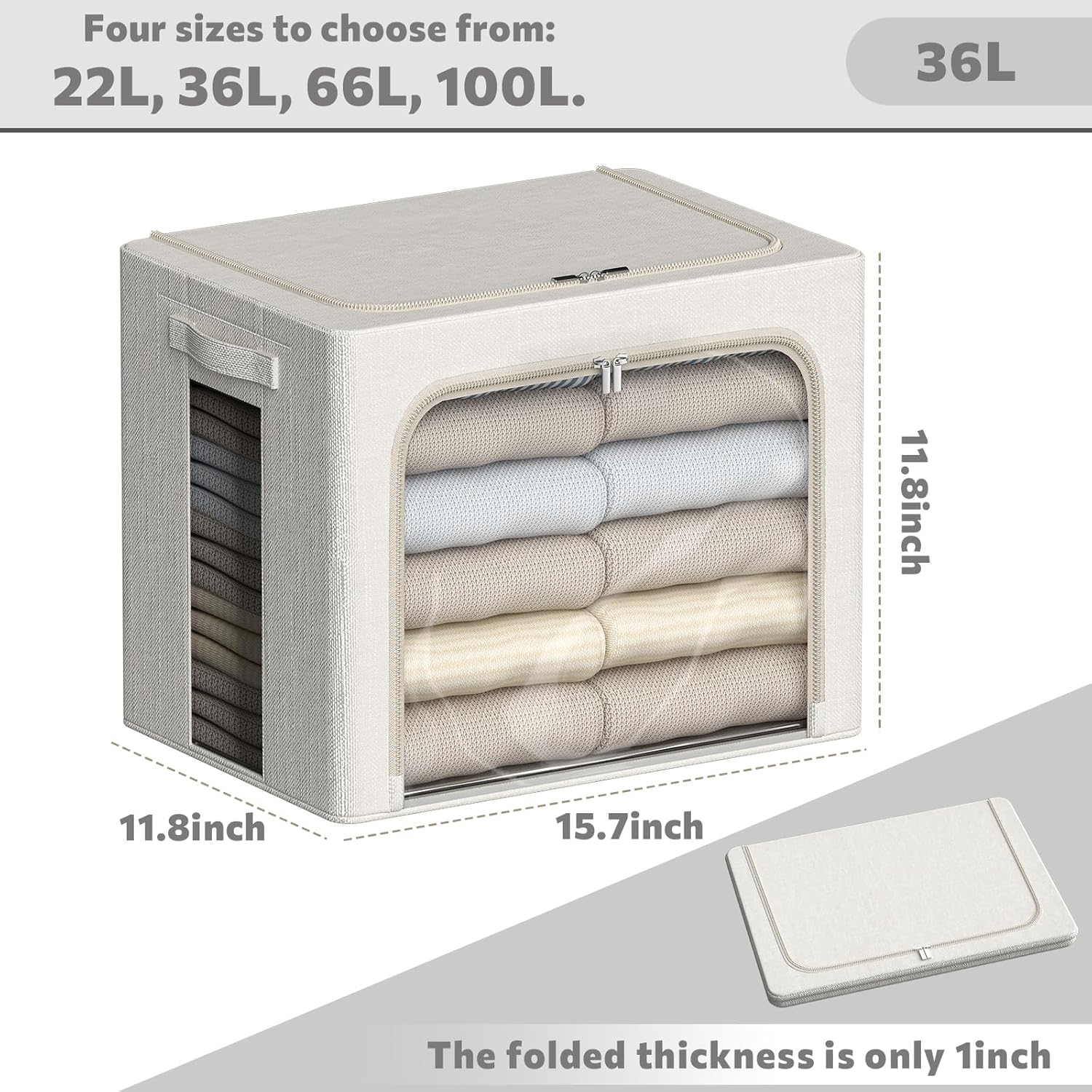 FHSQX 2 Pack Clear Window Storage Bins - Large Stackable Linen Fabric Storage for Clothes Foldable Container Organizer Set with Carrying Handles (Lvory White, 15.7x 11.8x 11.7 Inch)
