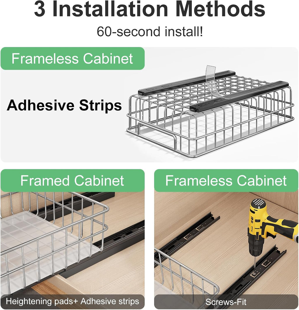 Pull out Cabinet Organizer, Stainless Steel 2-Pack Slide out Drawer with Silent Full-Extension Slides, Adhesive Roll out Can Spice Storage Basket Shelf Rack for Pantry, Kitchen, Bathroom, Home Closet