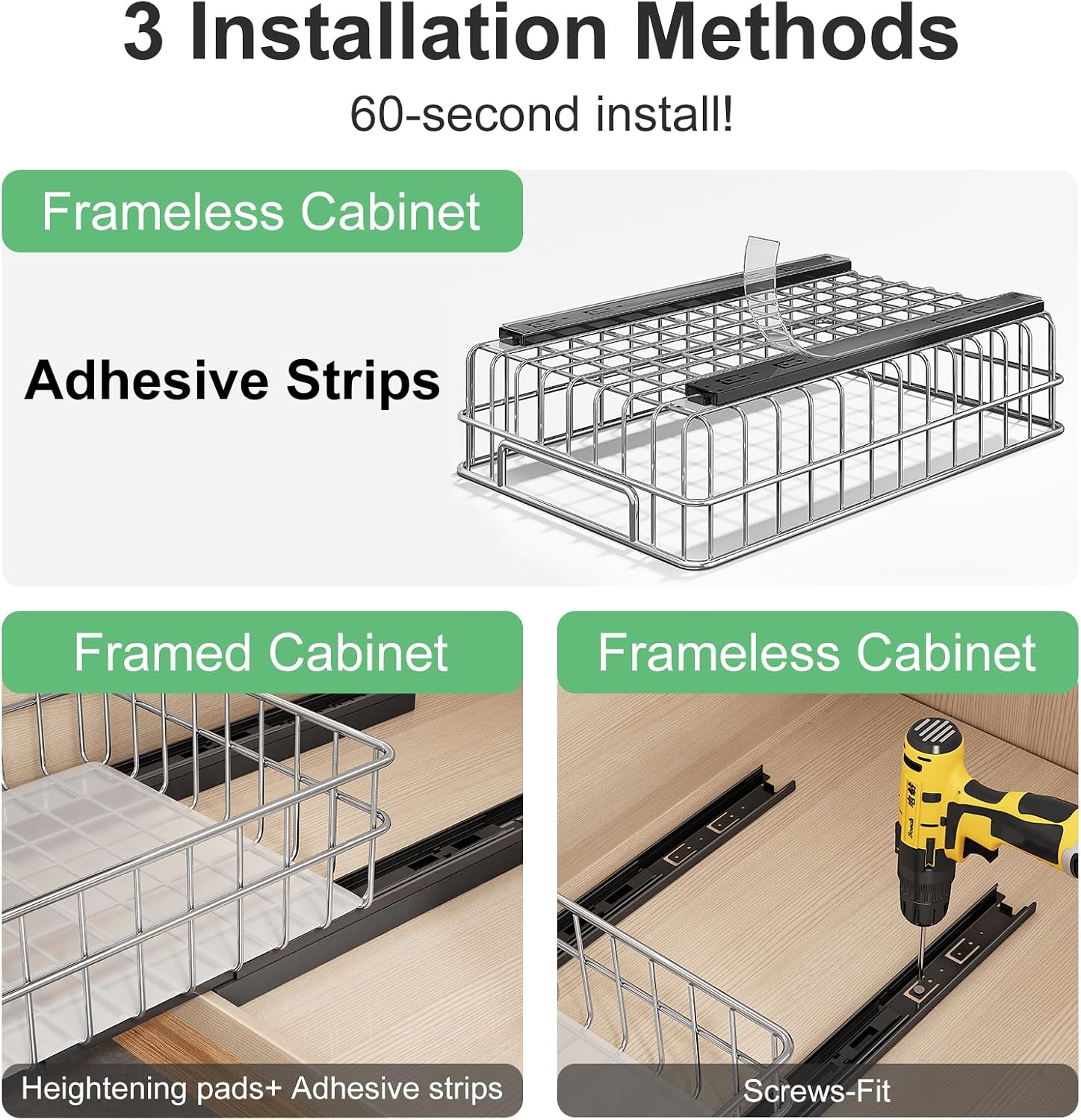 Pull out Cabinet Organizer, Stainless Steel 2-Pack Slide out Drawer with Silent Full-Extension Slides, Adhesive Roll out Can Spice Storage Basket Shelf Rack for Pantry, Kitchen, Bathroom, Home Closet