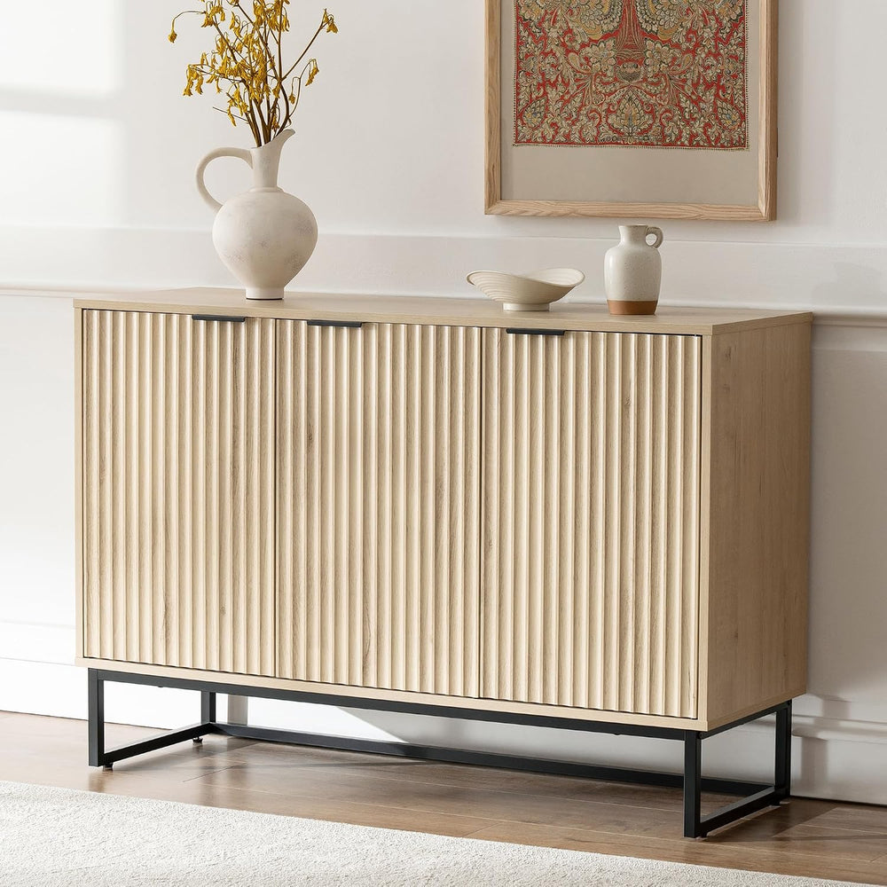 Fluted Storage Cabinet with 3 Doors, Sideboard Buffet Cabinets with Adjustabl...