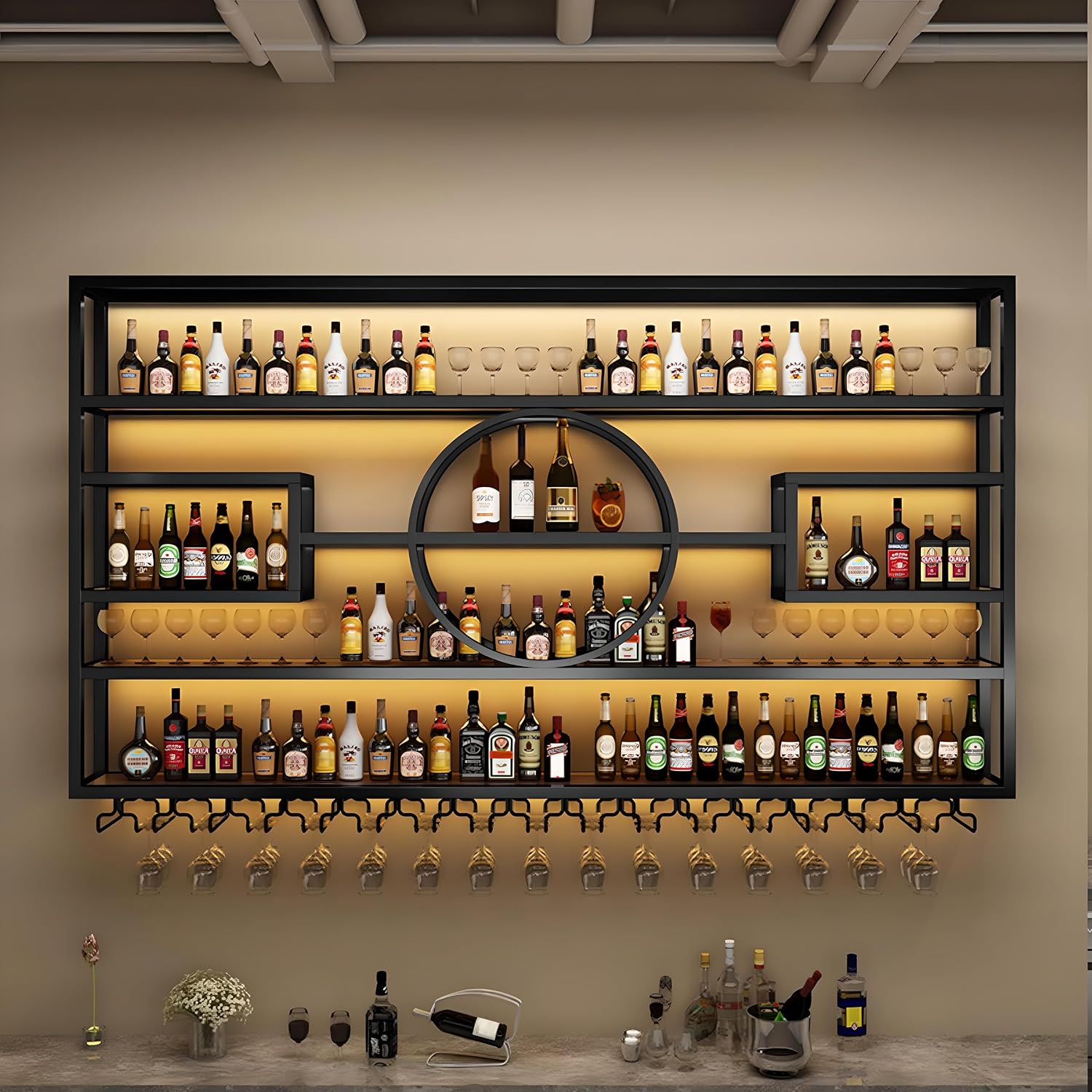 55.1in Large Wall Mounted Wine Rack, Modern Metal Wine Bottle and Glass Holder, 4-Tiers Liquor Bottles Floating Shelves Display Storage for Home Bar & Dining Room Decorative (Black, 55.1 * 8 * 51INCH)