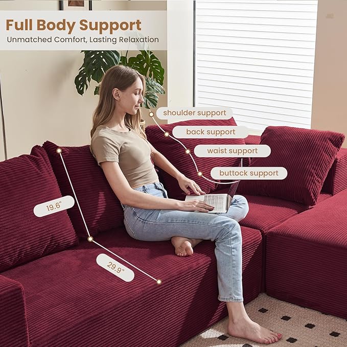 108" L-Shaped Boneless Couch, Modular Sectional Sofa with Moveable Ottoman, Corduroy Cloud Couches for Living Room, No Assembly, Ship in a Box, Red