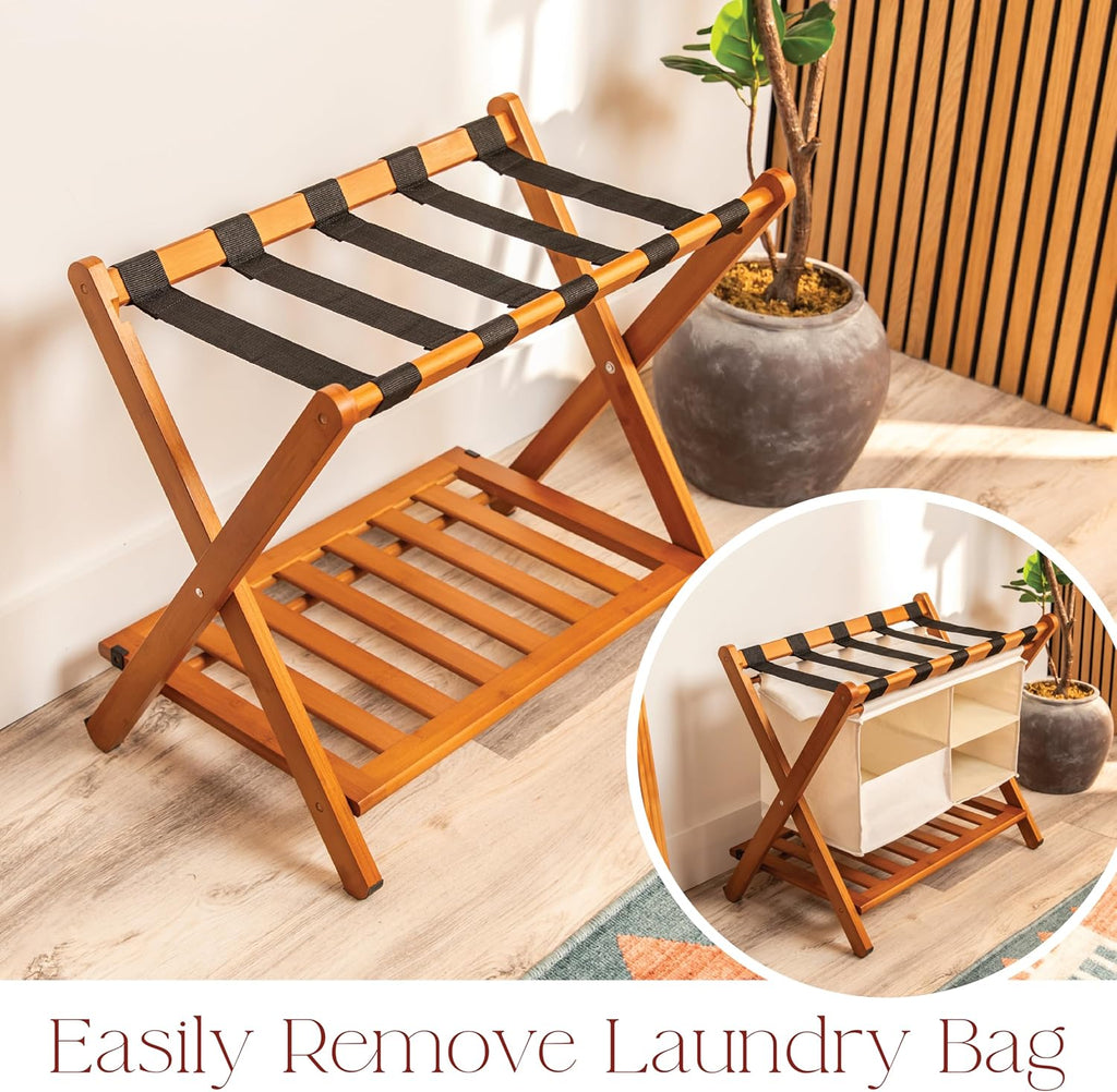 Fully Assembled Walnut Bamboo Folding Luggage Rack for Guest Room, 26.75" Folding Suitcase Stand with Removable Laundry Bag & Storage Shelf, Heavy Duty Foldable Luggage Stand for Bedrooms, Hotels, Airbnbs Holds 215lb