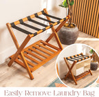 Fully Assembled Walnut Bamboo Folding Luggage Rack for Guest Room, 26.75" Folding Suitcase Stand with Removable Laundry Bag & Storage Shelf, Heavy Duty Foldable Luggage Stand for Bedrooms, Hotels, Airbnbs Holds 215lb