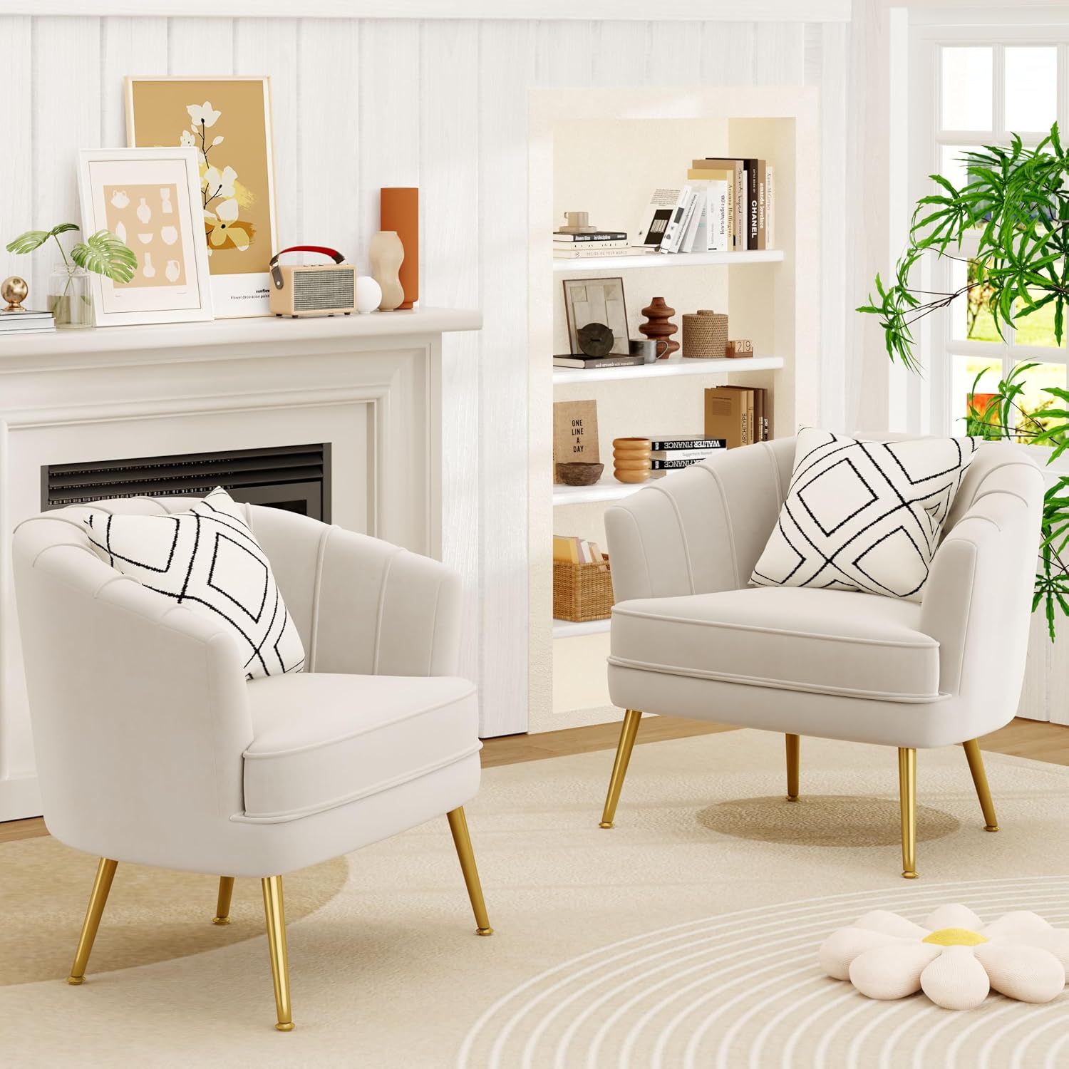 Velvet Accent Chair Set of 2, Barrel Armchair, Beige | Velvet Upholstery, Golden Metal Legs, Comfy Barrel Back, Modern Style, Living Room Bedroom Office
