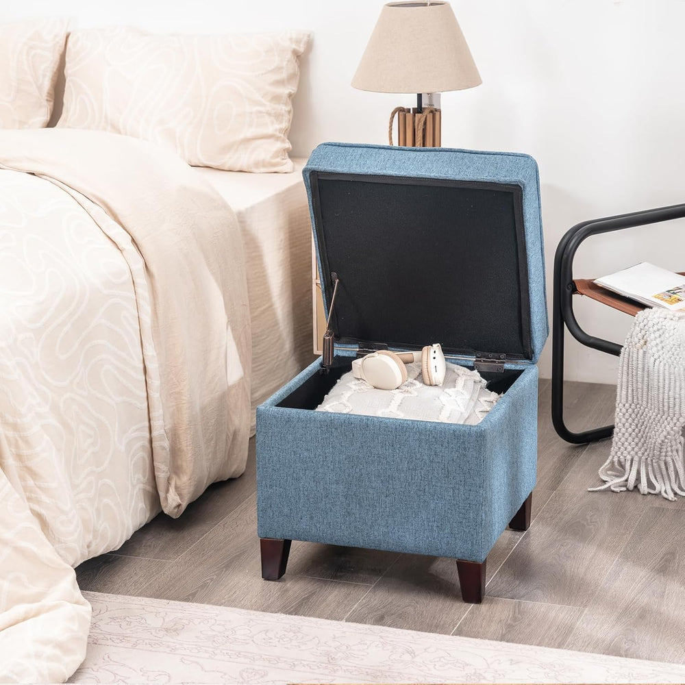 Linen Storage Ottoman with Wooden Legs, 17" Square Upholstered Flip-Top ...