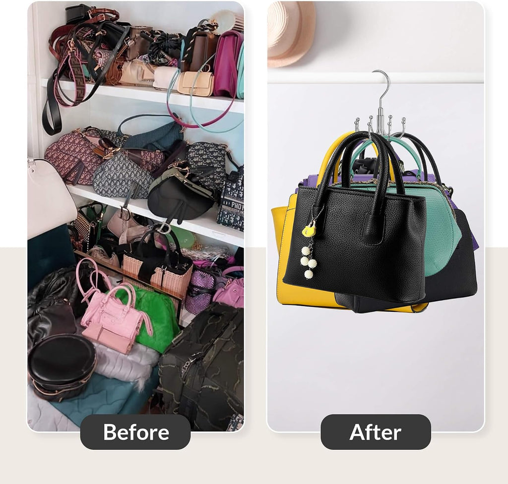 ZEDODIER Purse Hanger Organizer for Closet, Rotatable Sturdy Purses Holder Holds 8 Bags, Metal Space Saving Closet Organizers and Storage, Silver
