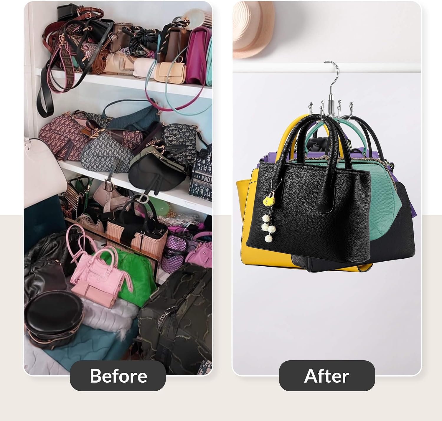 ZEDODIER Purse Hanger Organizer for Closet, Rotatable Sturdy Purses Holder Holds 8 Bags, Metal Space Saving Closet Organizers and Storage, Silver