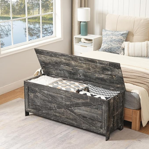47.2" Toy Chest, Sturdy Entryway Storage Chest with Safety Hinges, Retro Toy Box, Wooden Look Accent Furniture for Living Room, Bedroom, Vintage Gray SCRP48801