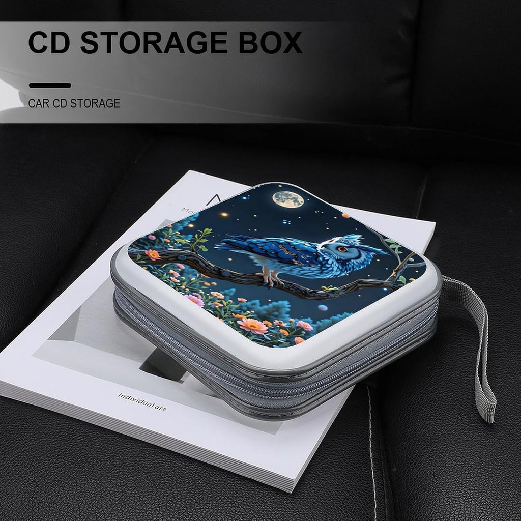 One Enchanted Night Owl CD DVD Case Holder, 40 Disc Storage Wallet with Exclusive Printed Design, Zipper Closure And Handle for Music Movies Games Travel Car