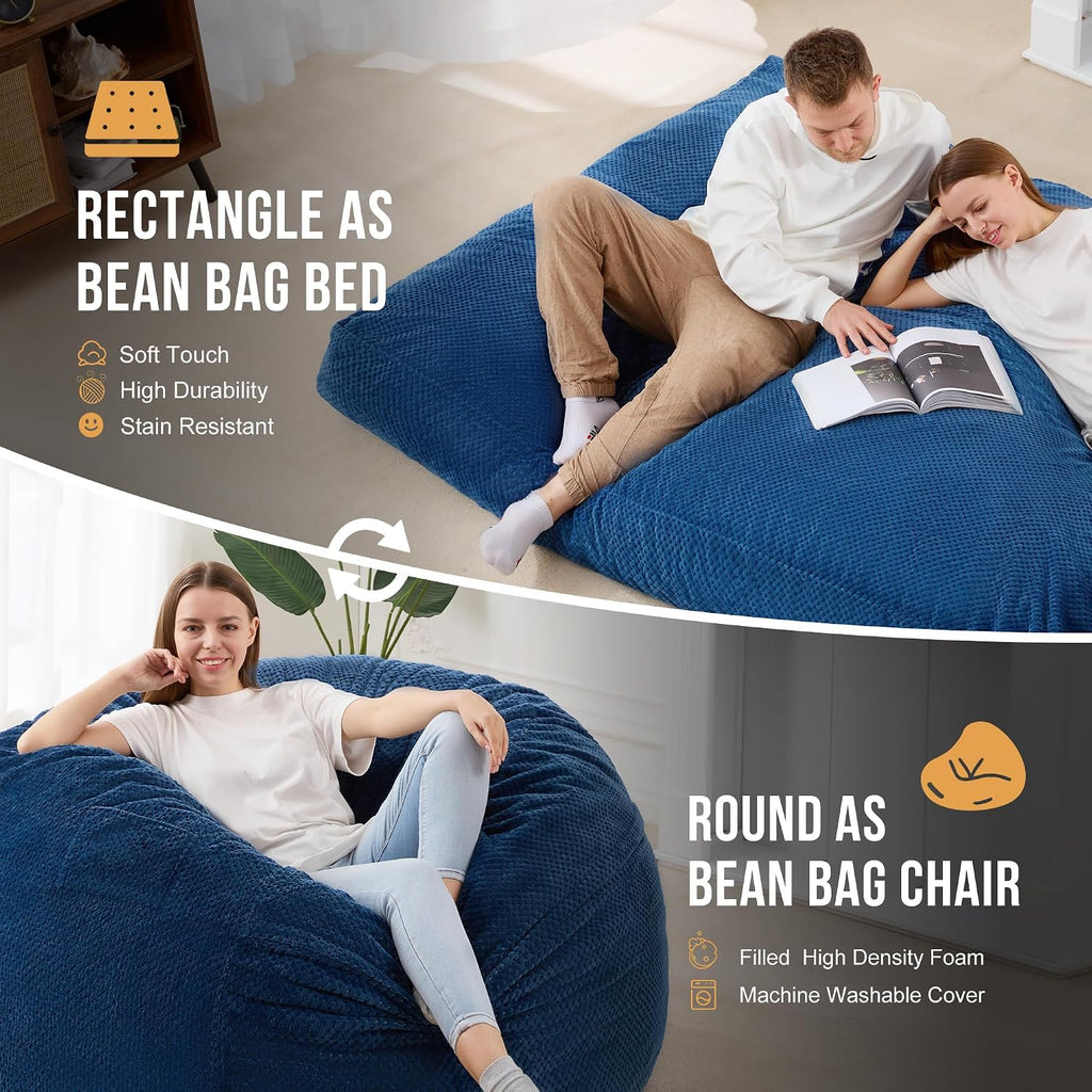 Homguava Chenille Bean Bag Bed, Convertible Bean Bag Chairs from Lazy Sofa Chair to Floor Mattress Bed, 3 in 1 Giant Bean Bag Chair for Adults with Filler for Living Room Machine Washable(Queen,Blue)