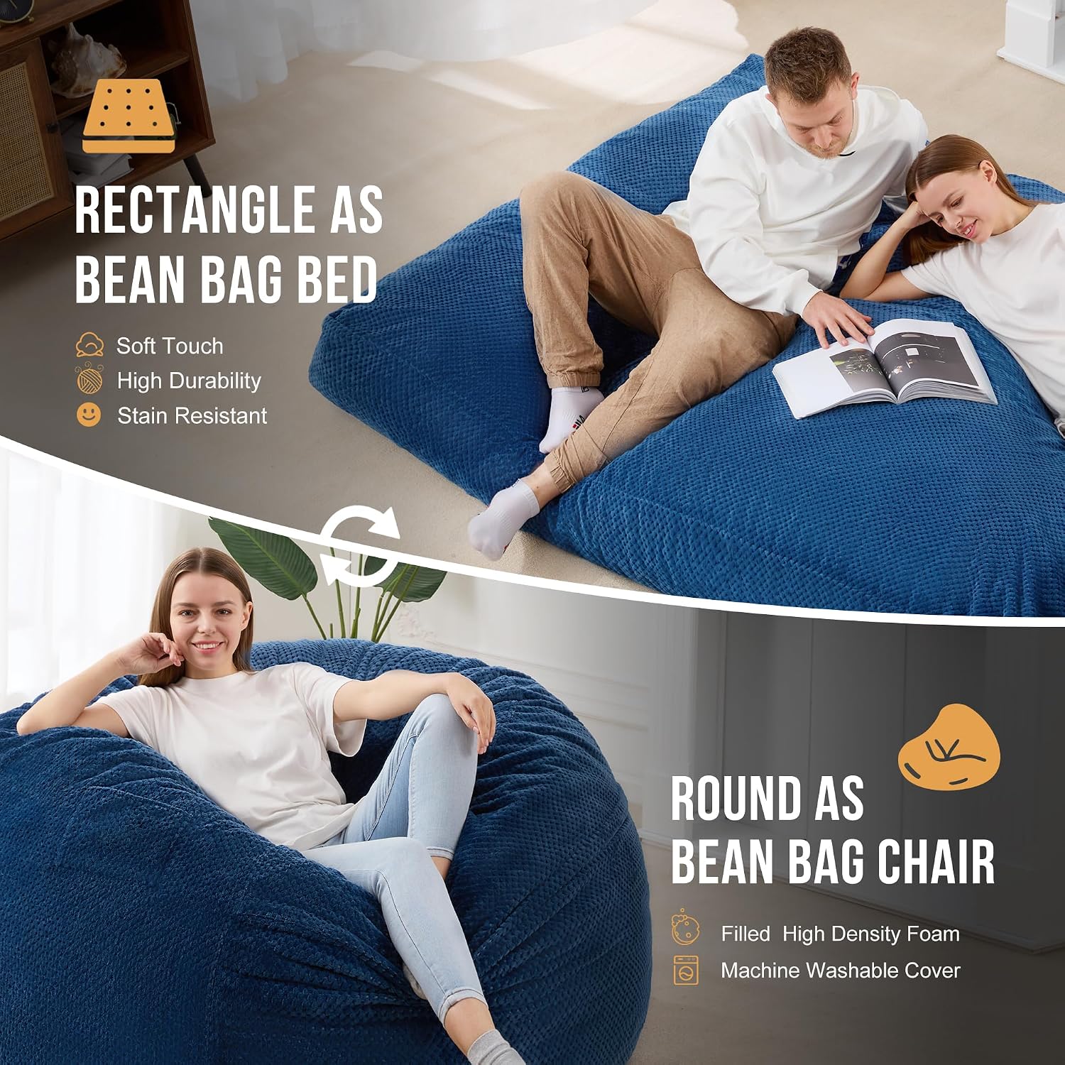 Homguava Chenille Bean Bag Bed, Convertible Bean Bag Chairs from Lazy Sofa Chair to Floor Mattress Bed, 3 in 1 Giant Bean Bag Chair for Adults with Filler for Living Room Machine Washable(Queen,Blue)