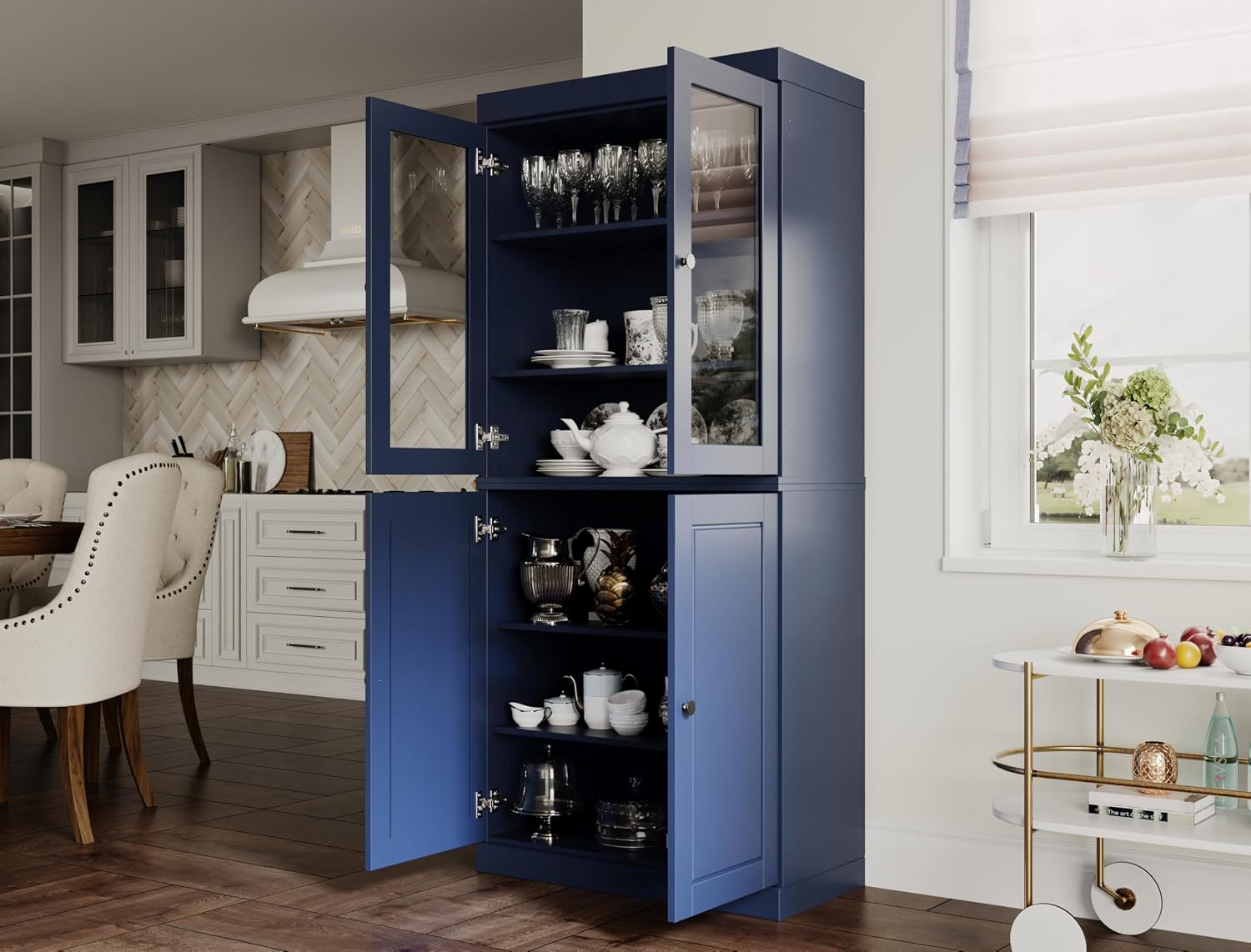 Palace Imports 100% Solid Wood 32"" Pantry Cabinet with Raised Panel, Clear Glass Doors & Adjustable Shelves