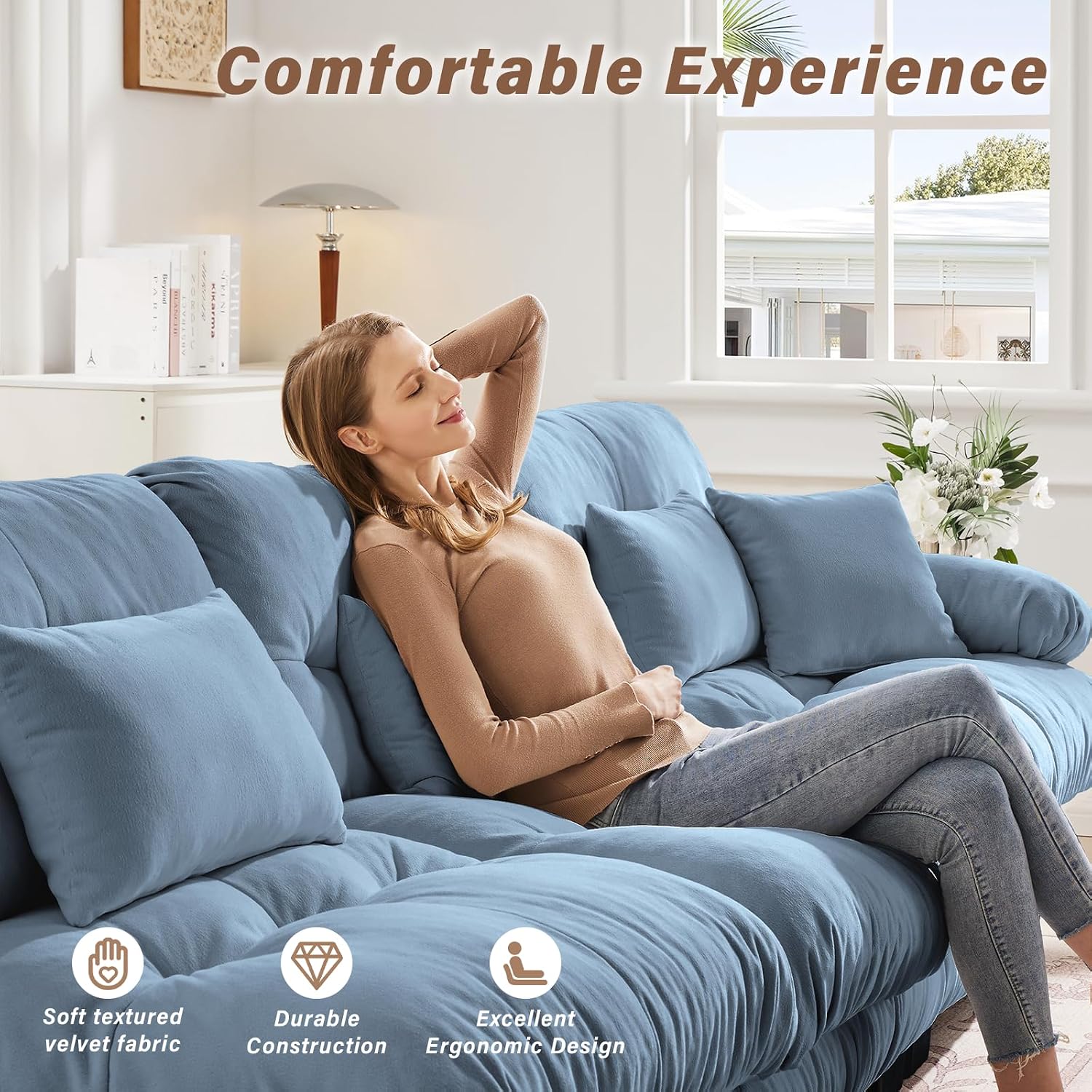 Modern Living Room Velvet Recliner Sofa, Loveseat Sofa for Apartment, Solid Wood Frame, Easy to Install (94.4 inch,Blue)