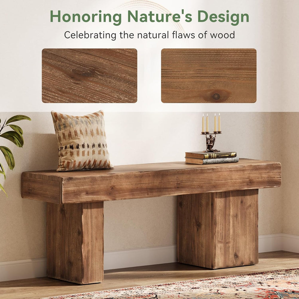 Solid Wood Bench, 47” Farmhouse Entryway Bench with Thickened Seat & Arti...