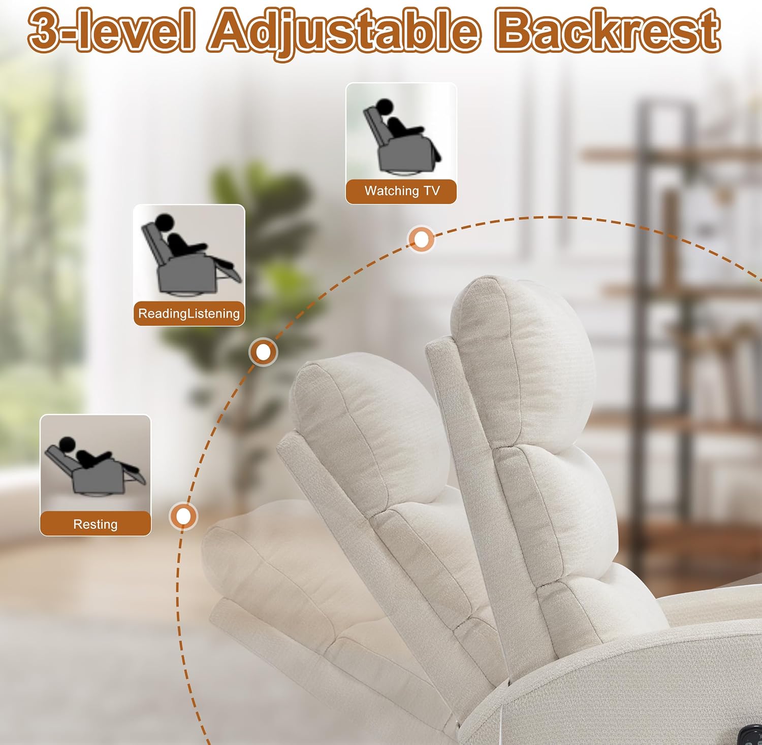 Manual Swivel Rocker Recliner Chair for Adults, Overstuffed Glider Chair for Nursing with Vibration Massage & Lumbar Heat, Living Room Rocking Recliner 3-Stage backrest, Chenille Fabric Beige