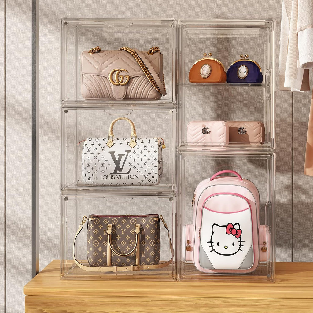 Purse Organizer for Closet, Handbag Storage Organizer Stackable Display Box with Magnetic Door, Acrylic Display Case for Collectibles, Closet Storage Bins for Figures, Wallet, Dolls