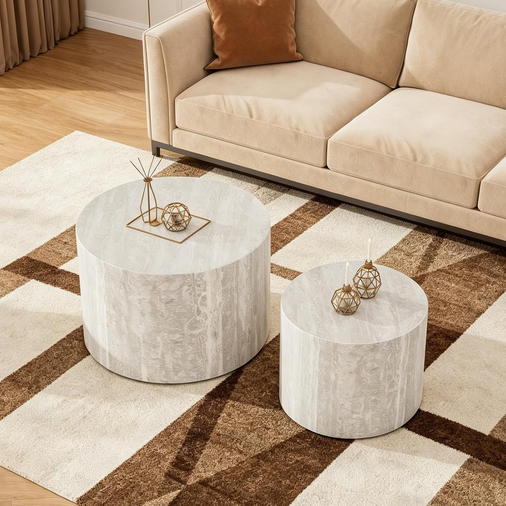 Round Travertine Coffee Table Set of 2 (C 18.1+14.6in) | Modern Stripe Circle...