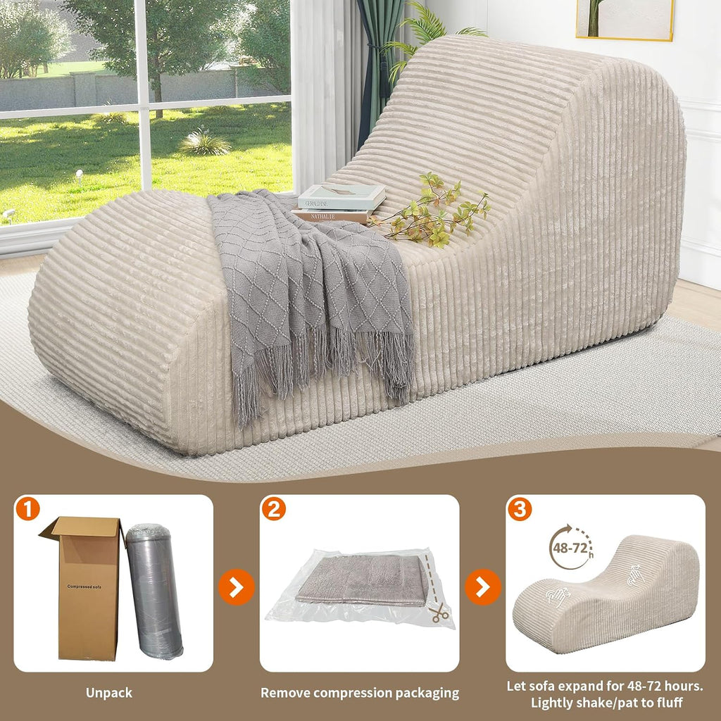 Rattaner Corduroy Chaise Lounge Chair Couch Indoor Boneless Oversized High-Density Sponge Soft Sofa for Yoga, Khaki