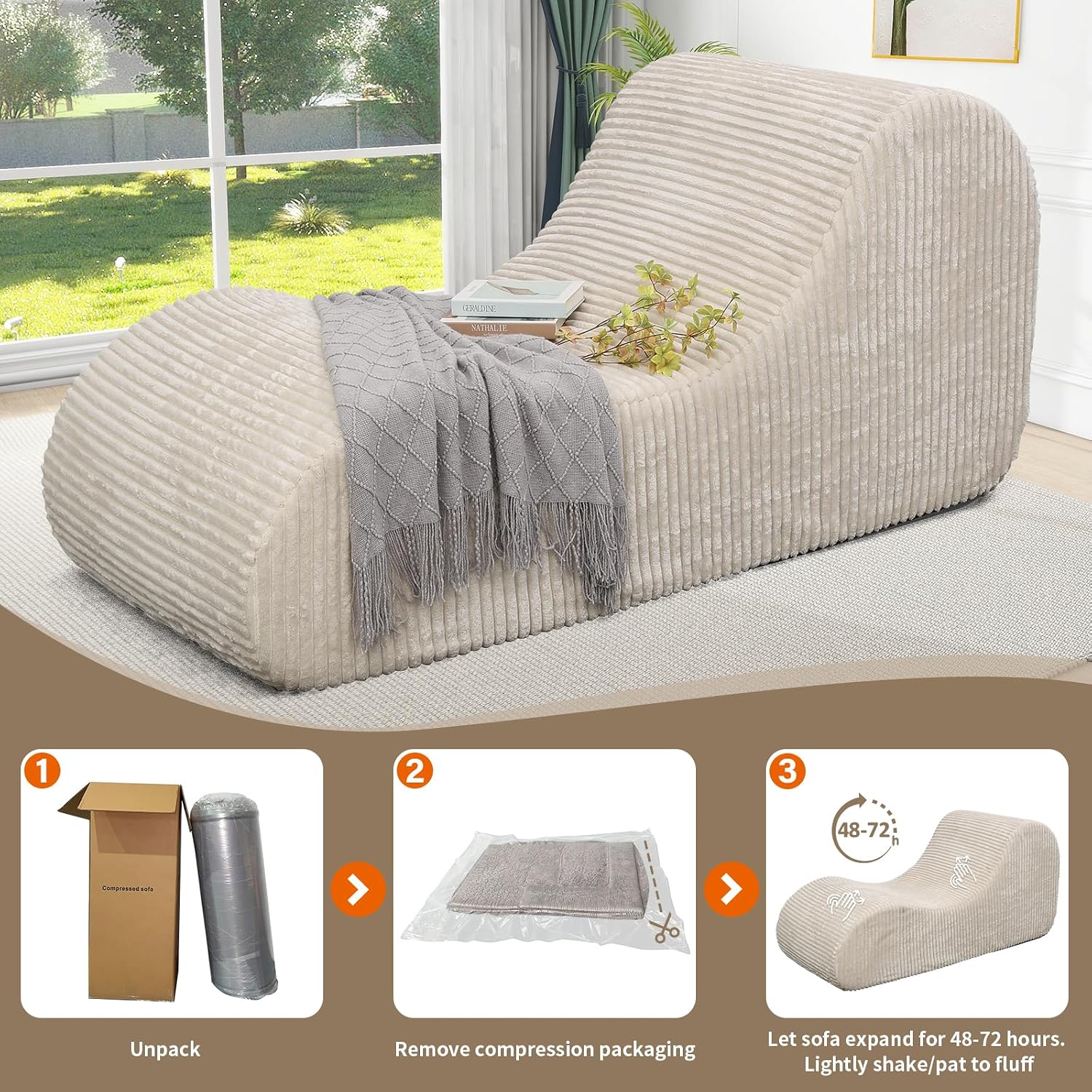 Rattaner Corduroy Chaise Lounge Chair Couch Indoor Boneless Oversized High-Density Sponge Soft Sofa for Yoga, Khaki