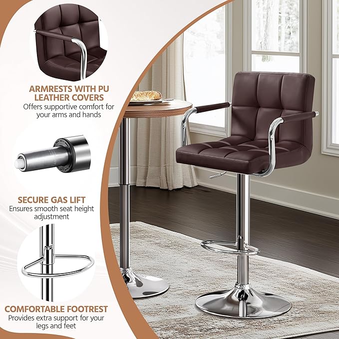 Yaheetech Bar Stools Set of 2, Adjustable PU Leather Swivel Barstools, Modern...