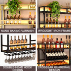 Wall Mounted Wine Rack with LED Lights, 4-Tier Metal Liquor Display Shelf with Wine Glass Holder, Industrial Bar Storage for Home Kitchen (Black, 59in)