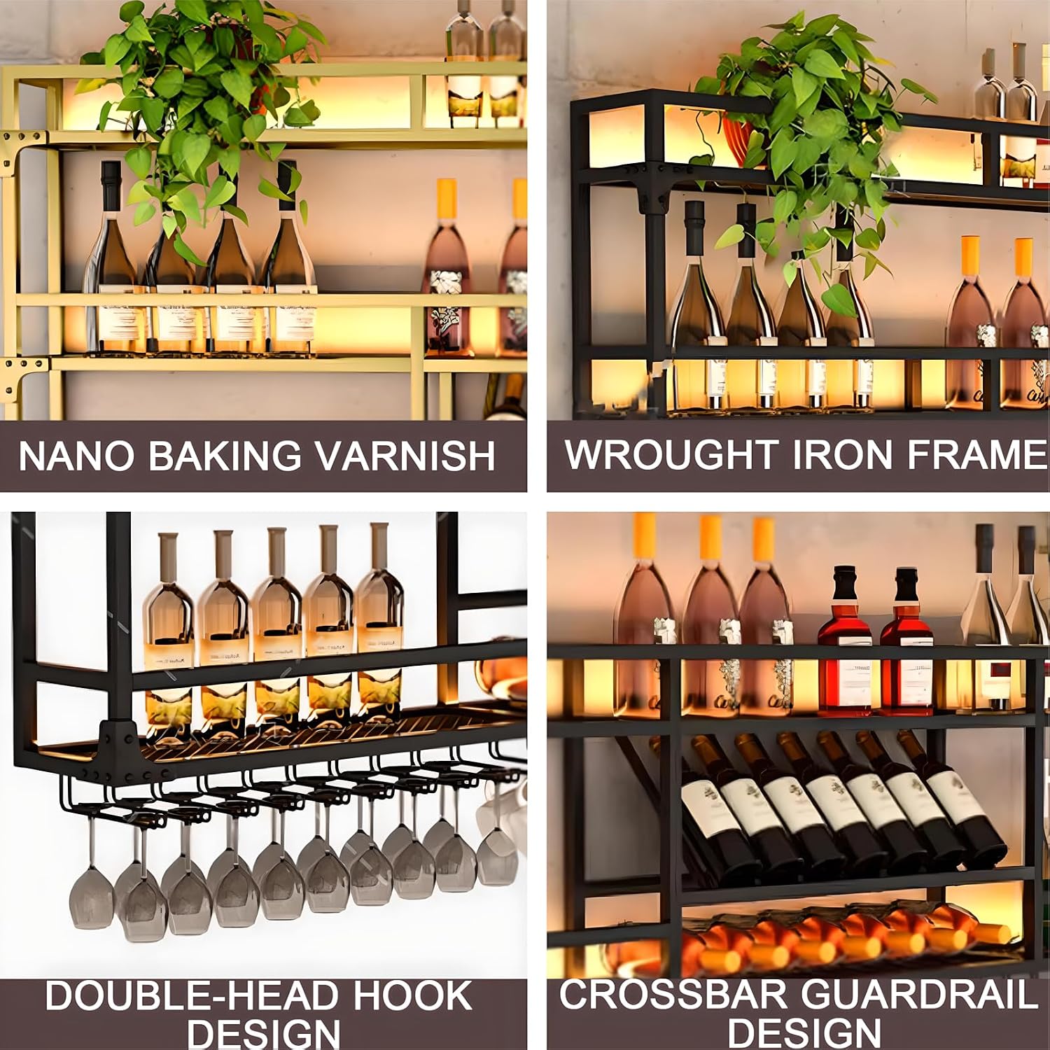 Wall Mounted Wine Rack with LED Lights, 4-Tier Metal Liquor Display Shelf with Wine Glass Holder, Industrial Bar Storage for Home Kitchen (Black, 59in)