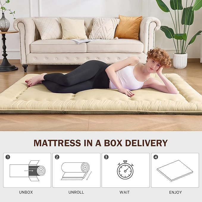 Japanese Floor Futon Mattress Queen Size, 25D High Density Support Foam, 4" Thicken Foldable Mattress Tatami Mat Sleeping Pad Suitable for Camping, Guest Room, Beige 60"x 80"