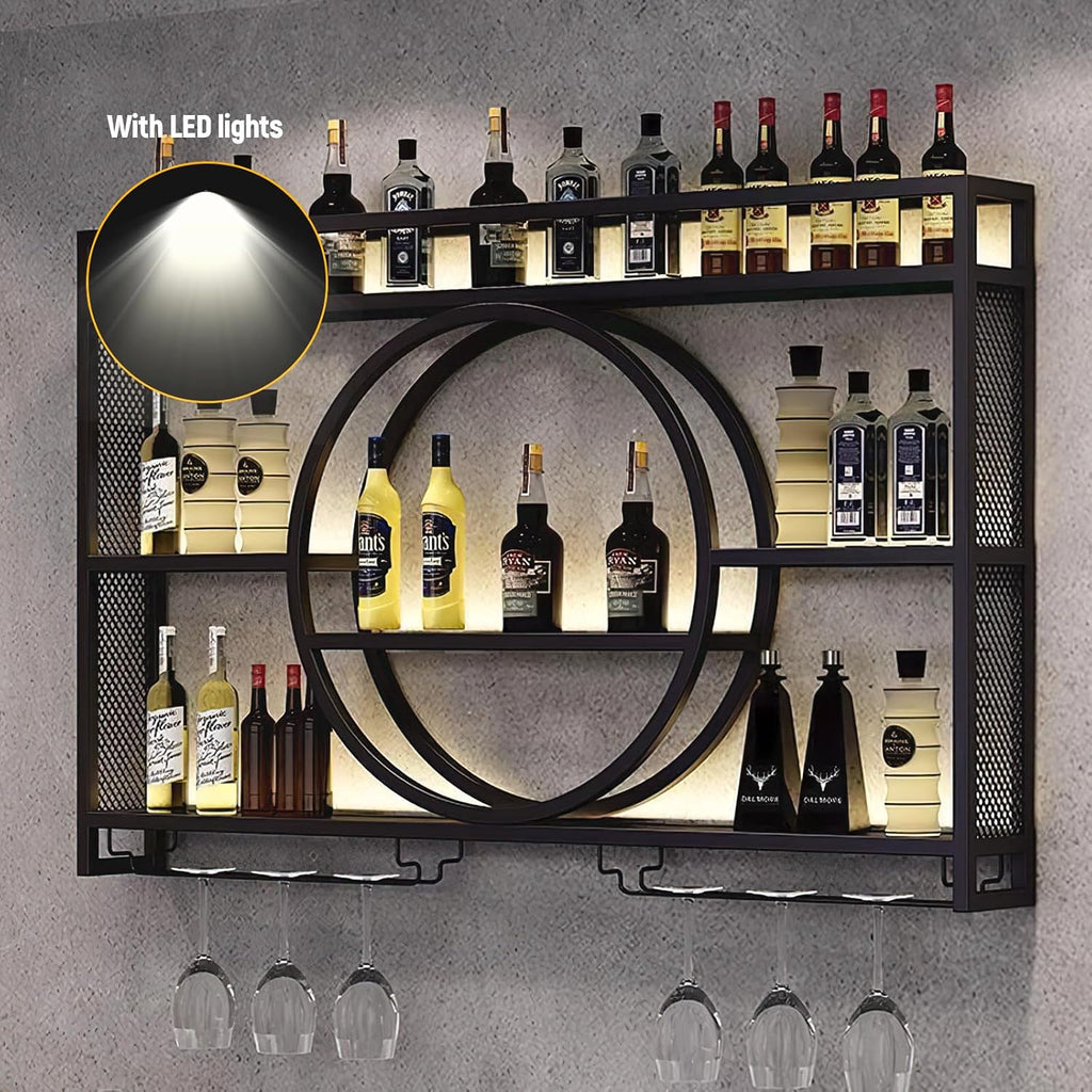 Metal Wine Rack Wall Mounted with LED Light, Modern 3-Tier Glass Holder and Stemware Shelves for Kitchen, Bar, Dining Room (Black, 100cm/39.4in)