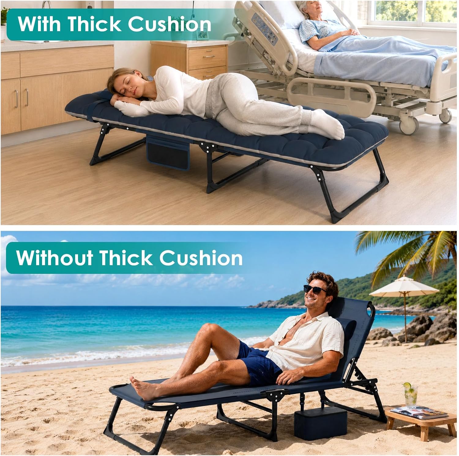 Suteck Tanning Chair with Face Hole, Folding Beach Lounge Chairs, Blue | Adjustable 5-Position Reclining Chaise, Removable Cushion & Pillow, Cooler Bag, 500Lbs Heavy-Duty for Outdoor Camping& Home