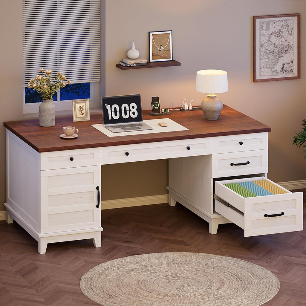 Garvee 60" Wooden Home Office Desk with File Drawers, Executive Desk with Adjustable Cabinet, Farmhouse Wood Desk with Power Outlet, Distressed Study and Work Table, Rustic White