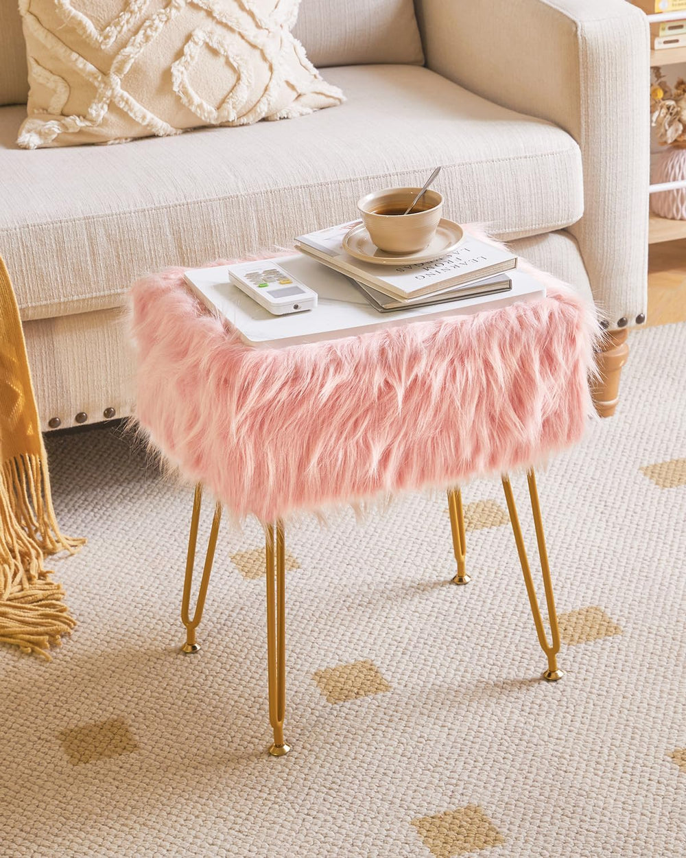 IBUYKE Rectangular Faux Fur Vanity Stool with Storage, Pink WBD022P | Furry M...