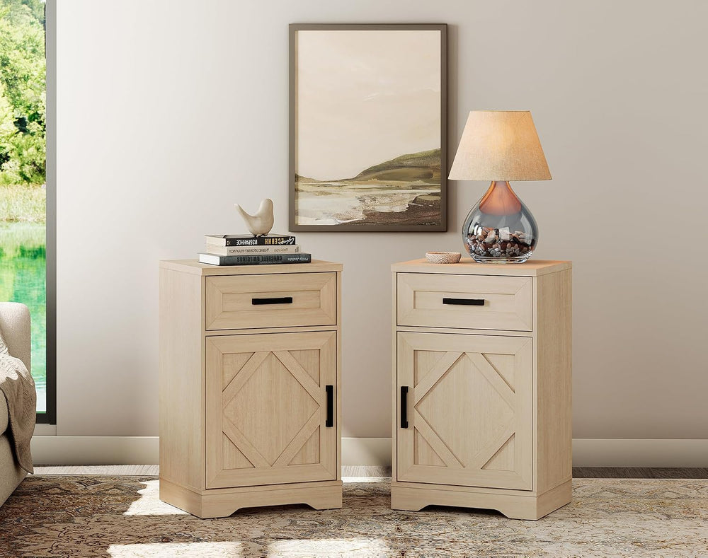 WAMPAT 32-Inch Tall Farmhouse End Table Set of 2 with Drawers and Adjustable ...